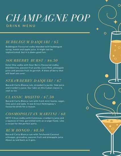 Teal and Yellow Champagne Drink Menu | Champagne drinks, Drink menu, Pop drink