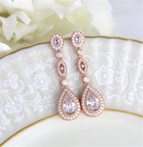 Rose Gold earrings Wedding jewelry for brides Long Teardrop | Etsy in 2020 | Teardrop bridal ...