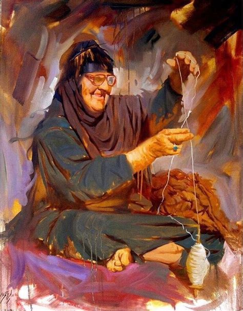 Figurative Art: Iraqi Painting of a Woman Knitting