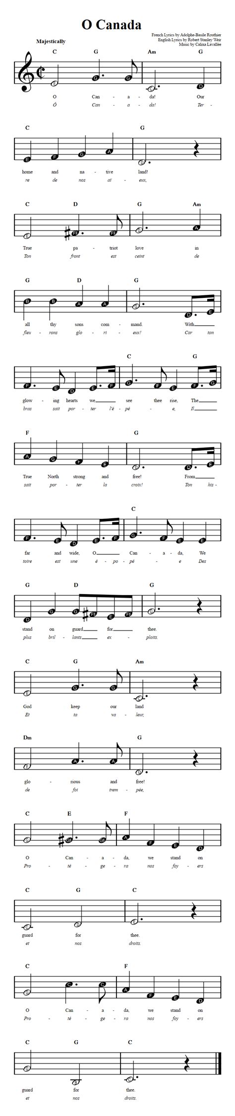 O Canada: Beginner Sheet Music with Chords and Lyrics