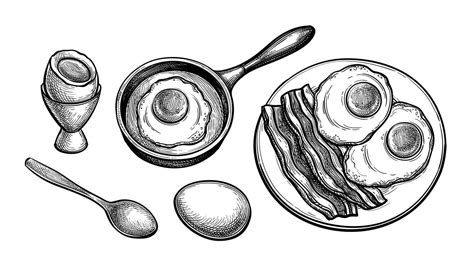 Fried and soft boiled eggs. Breakfast set. Ink sketch of breakfast ...