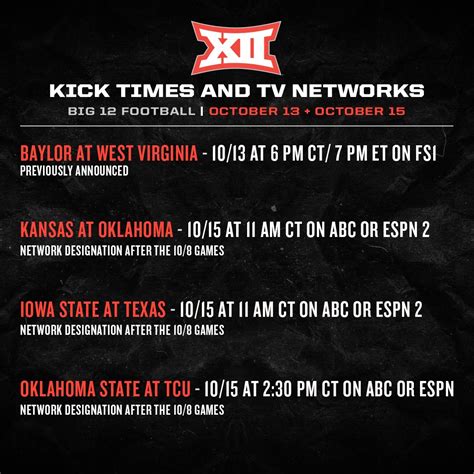 FBSchedules.com on Twitter: "Big 12 kickoff times and TV for weekend of ...