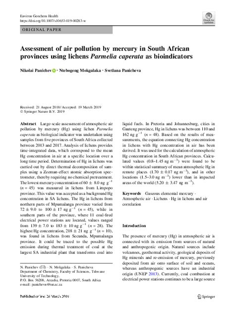 (PDF) Assessment of air pollution by mercury in South African provinces using lichens Parmelia ...