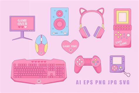 Pink Rerto Gamer Girl elements set