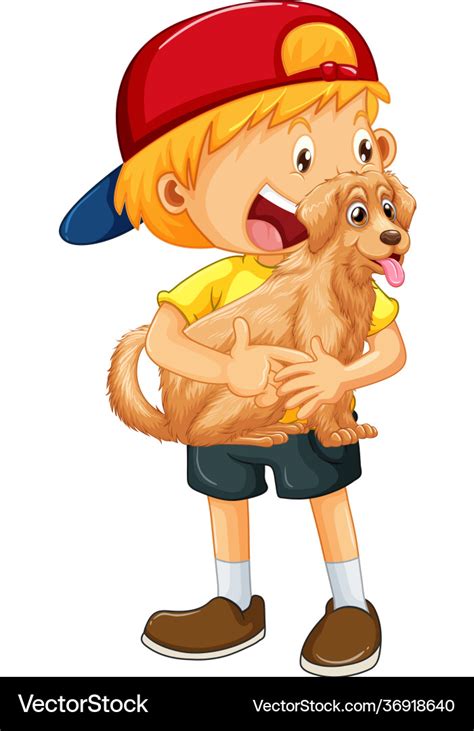 A boy holding cute dog cartoon character isolated Vector Image