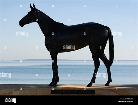 Silhouetted statue of horse. Statue of the racehorse Makybe Diva, Port Lincoln, Southern ...