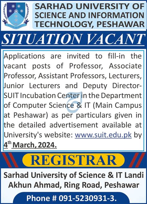 Sarhad University of Science & IT Peshawar | Suit CS/IT Faculty & Incubation Centre Positions ...