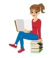 Young female student sitting on stack books Vector Image