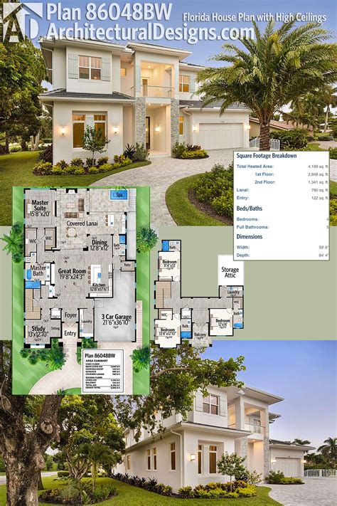 Plan 86048BW: Florida House Plan with High Ceilings | Architectural design house plans, Florida ...