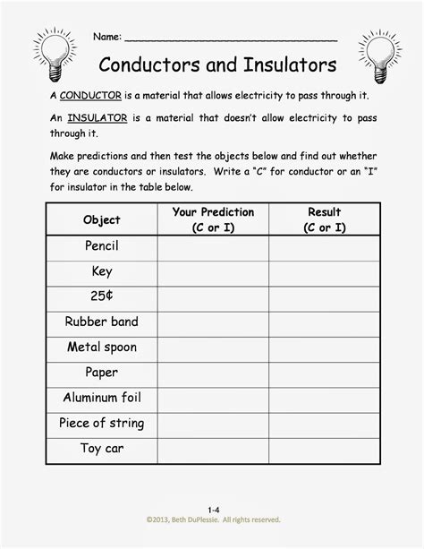 40 conductor and insulator worksheet - Worksheet Information