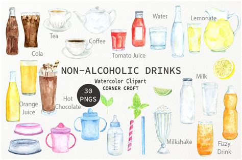 Watercolor non-alcoholic drinks clipart water juice milk | Etsy