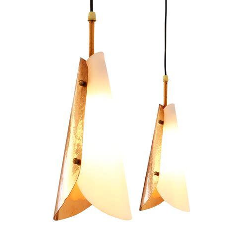 Set of two sophisticated pendant lights made of acrylic and hammered copper, 1950s | #1155