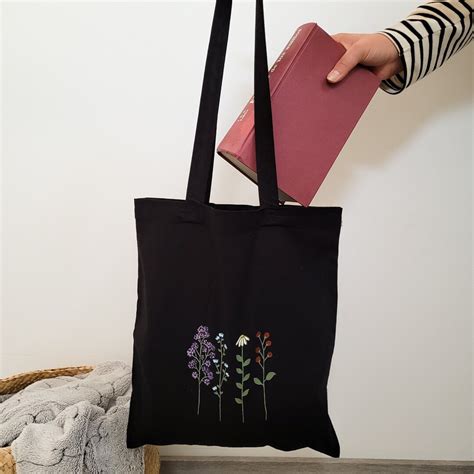 Black Tote Bag, Black Canvas Tote Bag, Floral Tote Bag Canvas ...