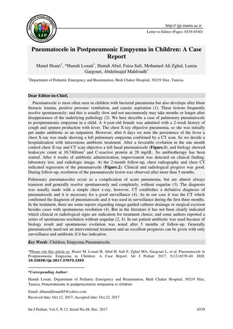 (PDF) Pneumatocele in Postpneumonic Empyema in Children: A Case Report