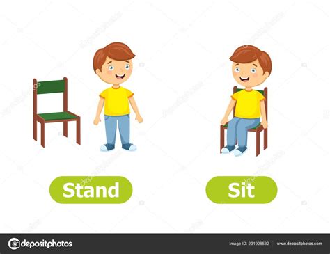 Vector Antonyms Opposites Stand Sit Cartoon Characters Illustration ...