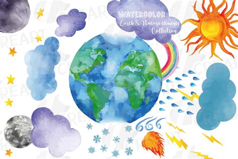 Watercolor weather elements clip art pack. Weather elements (224726) | Illustrations | Design ...