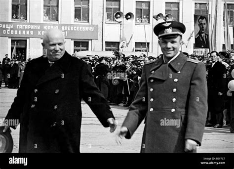 Yuri Gagarin and Nikita Khrushchev right to left at Vnukovo airport ...