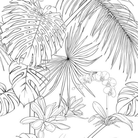an illustration of tropical plants and flowers on a white background with black lines in the ...