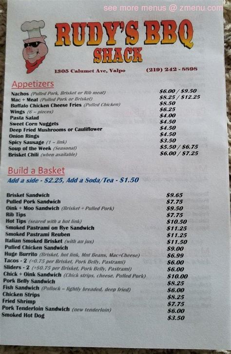 Menu at Rudy's BBQ Shack, Valparaiso