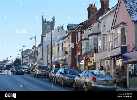 Looking up Halstead High Street Essex Stock Photo - Alamy