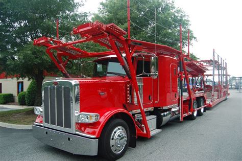 Red Peterbilt Carhauler with Cotrell headrack and Highrail trailer | Trucks, Train truck, Big trucks