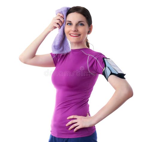Smiling Sporty Woman in Violet T-short Over White Isolated Background ...