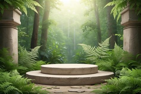 Premium Photo | An empty beige stone podium on forest background with fern