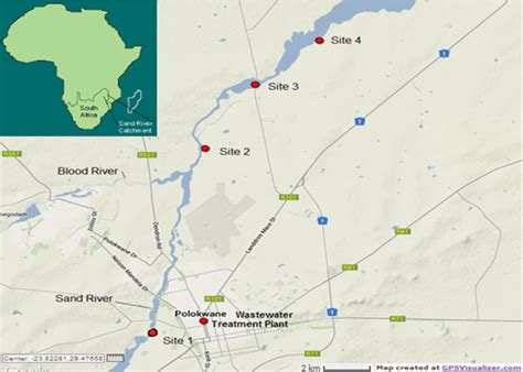 Map of the Sand River, indicating Site 1 (23°55′S, 29°27′E) upstream of... | Download Scientific ...