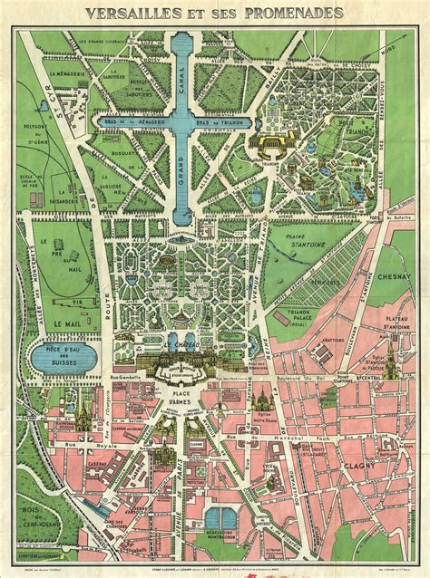 A tourist map with a general plan of Versailles and bird's-eye views of several notable features ...