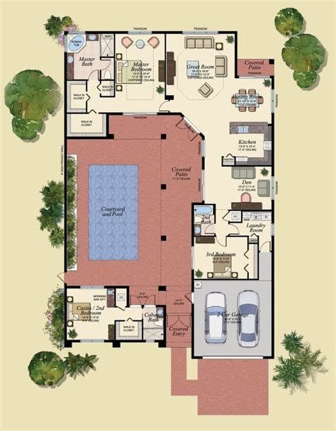 Golf Course House Plans Pool Floorplan ... | Pool house plans, Courtyard house, U shaped houses