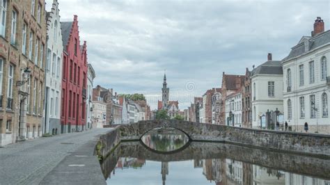 Bruges Belgium, Day To Night Time Lapse at Spiegelrei Canal Stock ...