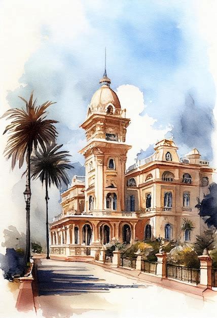 Premium Photo | A watercolor painting of a building with a tower on the ...