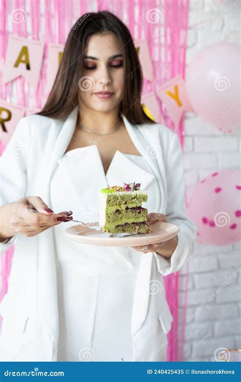 Beautiful Woman Celebrating Birthday Party Holding a Piece of Cake Making Wish Stock Image ...