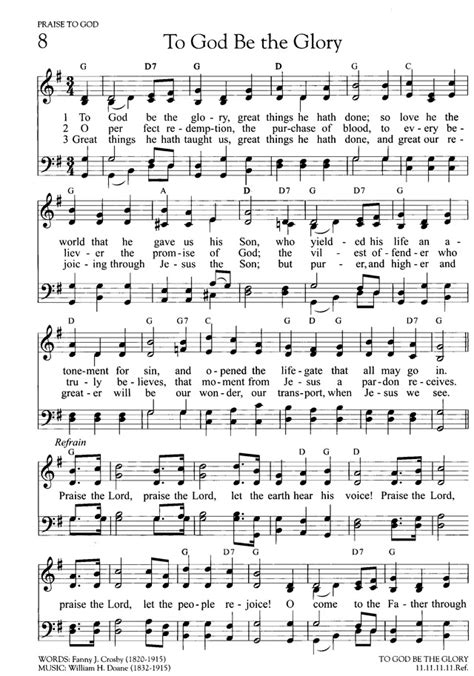 Hymns of Promise: a large print songbook 8. To God be the glory, great things he hath done ...