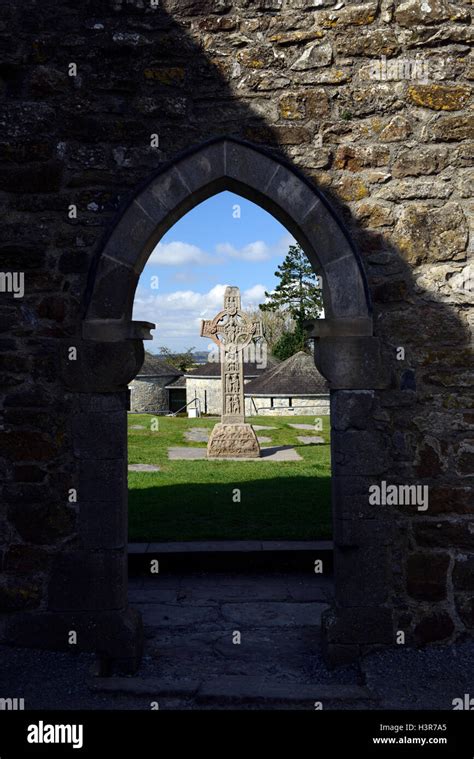 Stone carved high cross crosses Clonmacnoise Monastery monastic settlement Offaly RM Ireland ...