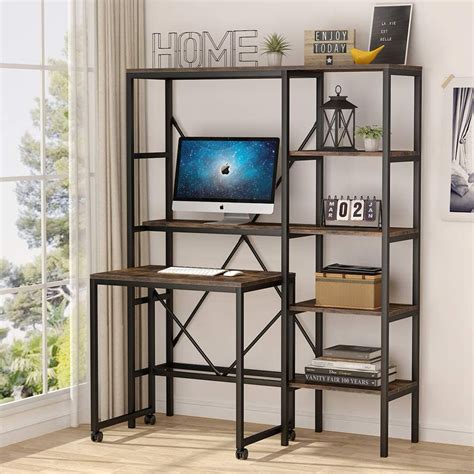 Mobile Computer Desk with 5 Storage Shelves and Monitor Stand ...