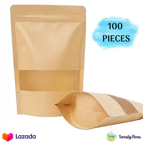 [2717] 100 Pieces 14x20cm Brown Kraft Paper Stand Up Window Pouch | 140x200mm Resealable Pouch ...