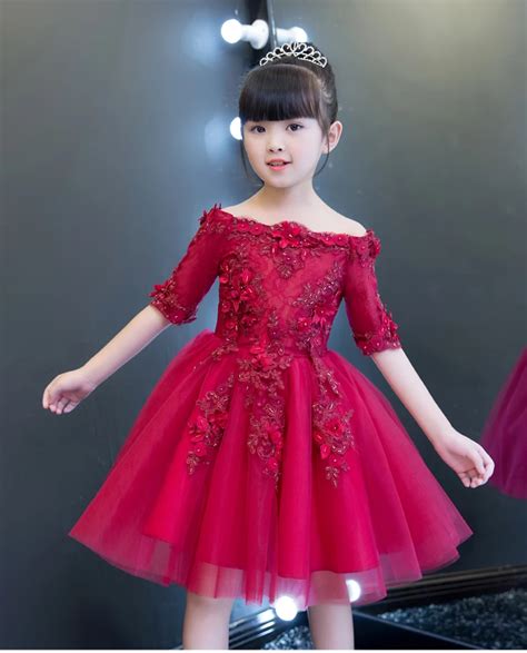 2017 Red Tulle Shoulderless Flower Girls Dresses For Wedding Appliques Formal Girl Birthday ...