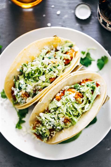 Spicy Shrimp Tacos with Garlic Cilantro Lime Slaw - Pinch of Yum