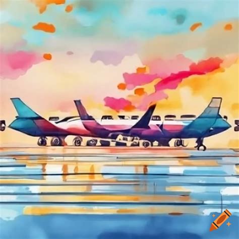 Colorful painting of a luxurious airport terminal