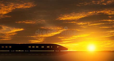 High Speed Train Silhouette in Motion at Sunset. Fast Moving Modern Passenger Train on Railway ...