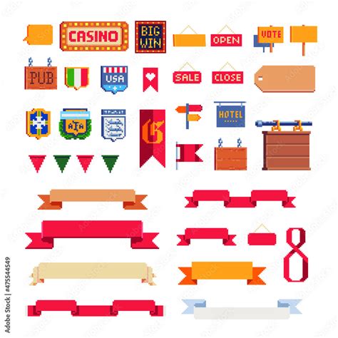 Vetor do Stock: Ribbons Banners and signboard pixel art icons set, casino, pub, emblem football ...