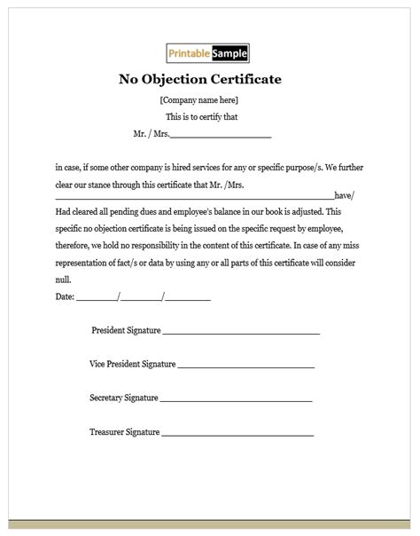 20 Free Sample No Objection Certificate Templates - Printable Samples