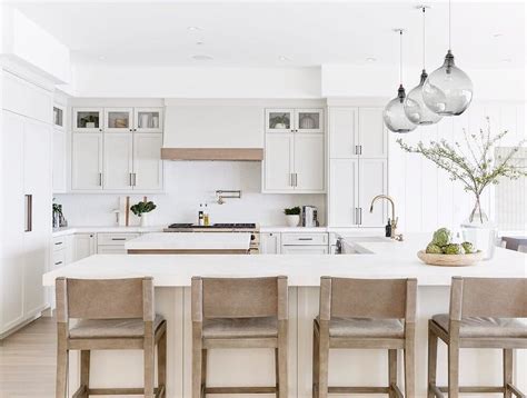 L Shaped Kitchen Island with Brown Leather and Wood Stools - Cottage - Kitchen