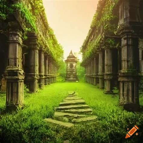 Overgrown temple covered in grass