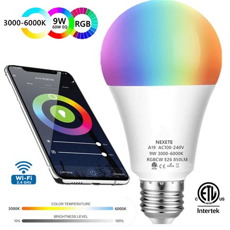 Smart Wi-Fi LED Light Bulb RGB+CW A19 60W Equivalent 9W 850Lm，Muti-White ,Multi-Color, Dimmable ...