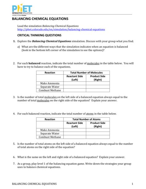 Phet Balancing Chemical Equations Worksheet Answers - Printable Word Searches