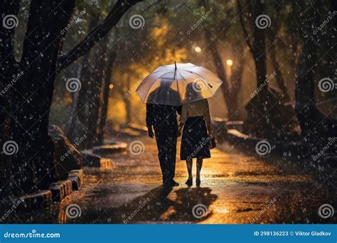 Romantic Couple Walking in the Rain Under a Clear Umbrella at Night ...