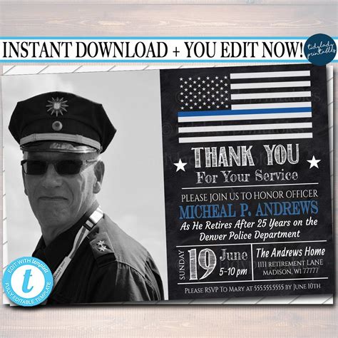 Police Retirement Invitation Chalkboard Printable Invite, Retirement Party, Cop Detective BBQ ...