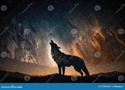 Double Exposure of Wolf Howling at Starry Night Sky Stock Illustration ...